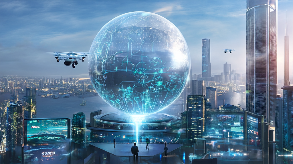 A futuristic city scene showcasing marketing professionals using Comate AI IDE for data analysis and personalized recommendations in a modern office setting