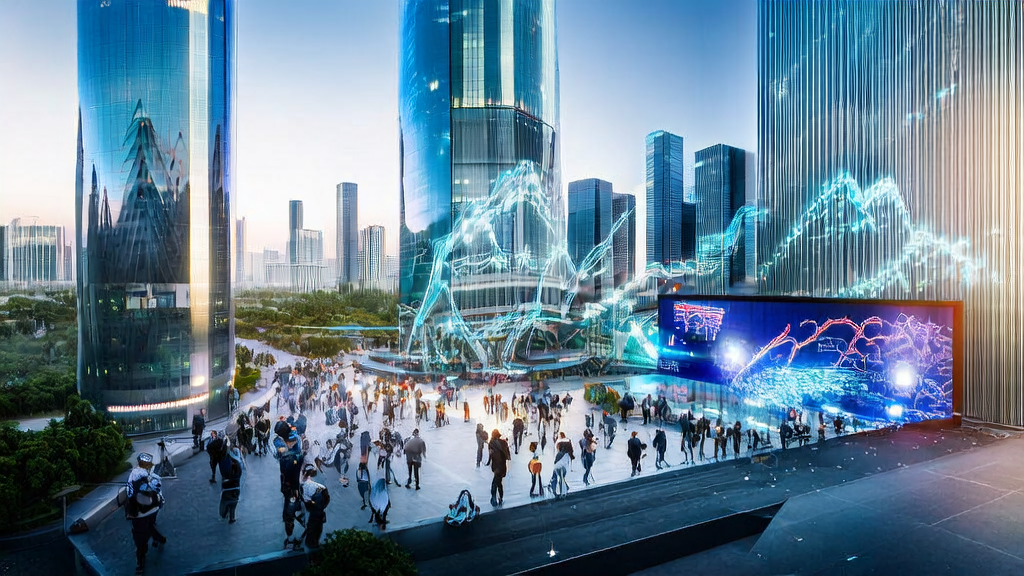 An AI marketing company in a futuristic city, using advanced algorithms and multi-modal data processing to precisely capture customer needs.