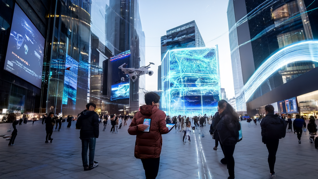 Futuristic city square with tall buildings displaying AI-generated ads, attracting passersby's attention, young entrepreneurs discussing the OpenAI 2025 Developer Conference