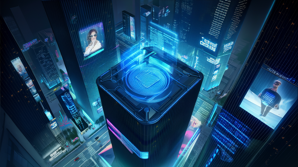 The heart of a futuristic city showcasing the new era of AI marketing, including an AI control center, personalized ads, and the trailer for “Queen of the Sea: Zheng Yi Sao“.