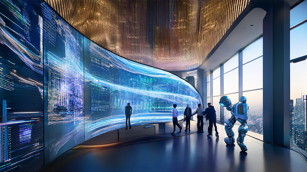 未来城市的办公场景，展示AI与Twitter数据在营销中的应用