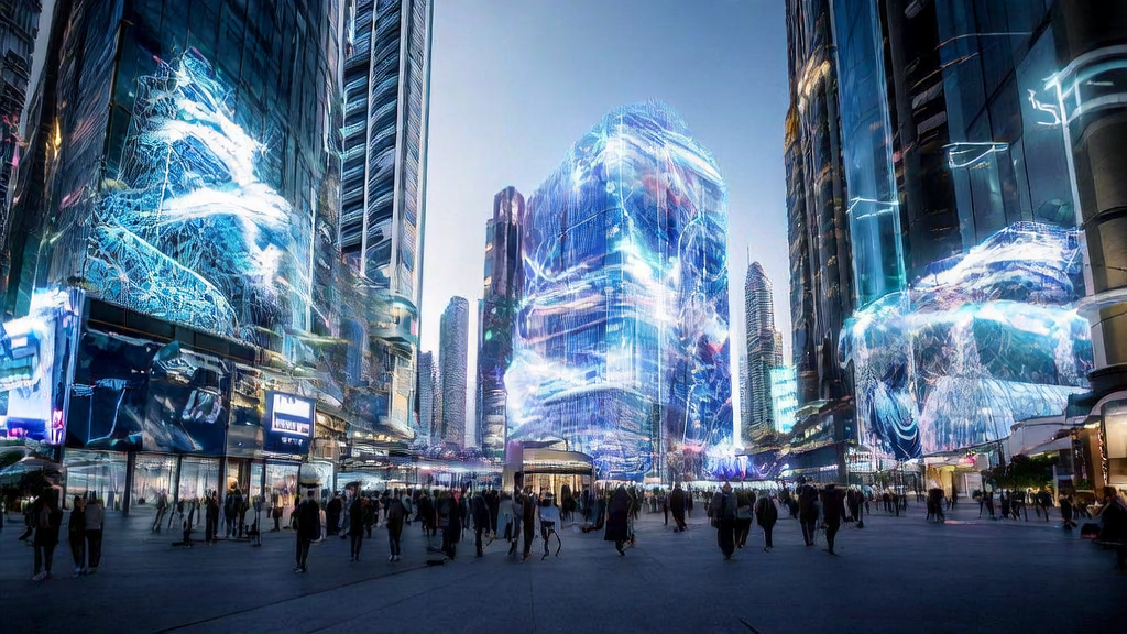 AI marketing in a futuristic city: Multi-modal images generated by the BAGEL model float between skyscrapers, showcasing the application of AI technology in new customer acquisition channels.