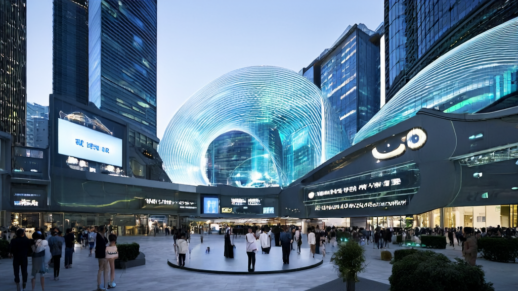 A futuristic cityscape showcasing AI marketing: tall buildings with interactive touchscreens displaying personalized content and recommendations using Ant Treasure Chest Enterprise Edition.