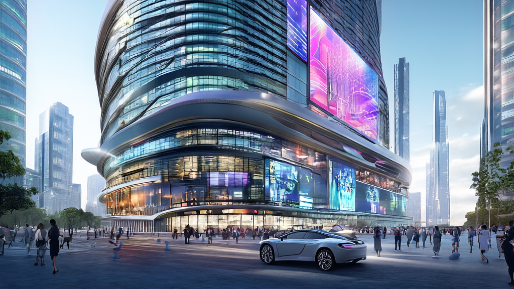A futuristic cityscape showcasing AI marketing with a modern office building displaying DeepSeek ads and interactive pedestrians
