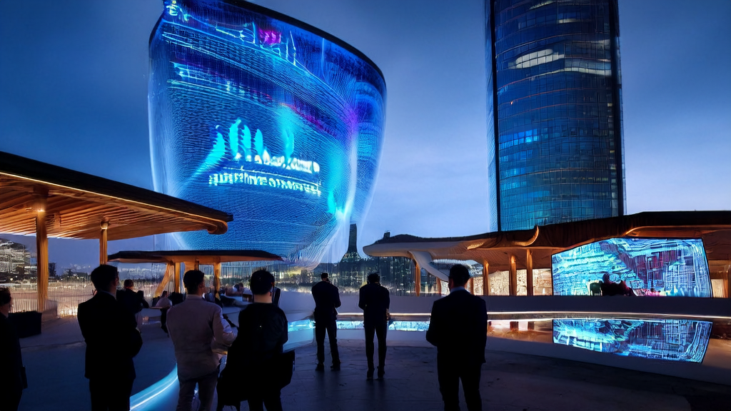 A future cityscape of AI marketing: professionals using AI technology to optimize email marketing and enhance customer acquisition and marketing effectiveness, with Elon Musk sharing insights on AI applications in the background.