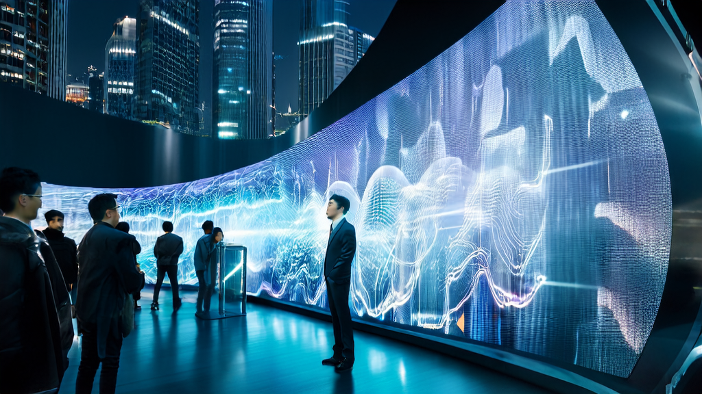 A marketing manager in a futuristic city showcases AI-generated content for marketing purposes