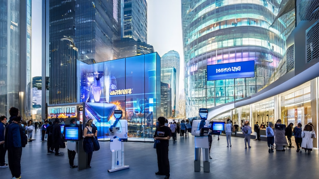 In a futuristic city's e-commerce store, intelligent robots and large screens showcase Baidu ERNIE-4.5 AI marketing technology