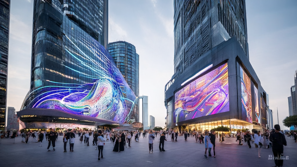 A futuristic city scene showcasing AI-generated dynamic ads and interactive experiences using the BAGEL model