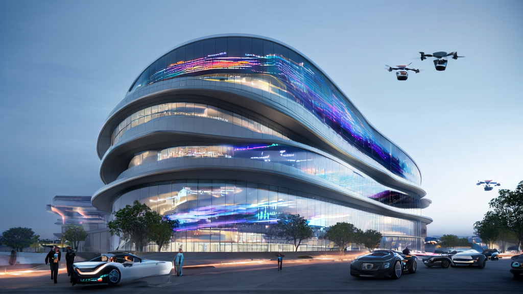 A high-tech skyscraper in a futuristic city showcasing dynamic AI marketing charts and data streams, with marketing experts interacting with global clients via transparent screens, surrounded by intelligent robots and self-driving cars.