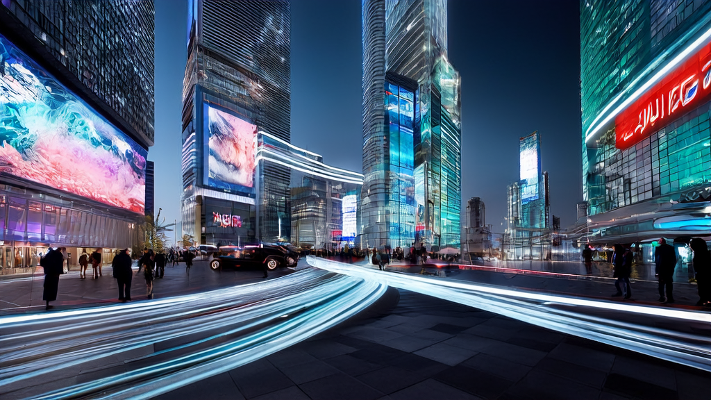 未来城市中展示AI营销创新应用的场景，包括无人驾驶车辆、智能终端互动和大型电子屏幕上的AI营销广告。