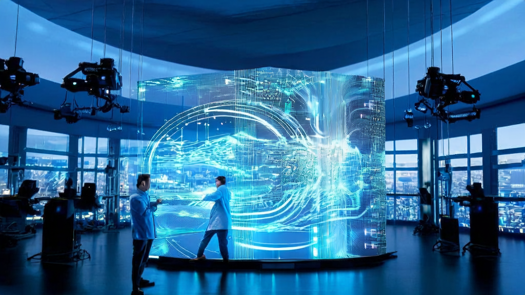 A futuristic lab showcasing the powerful capabilities of Alibaba's multimodal model Ovis2.5