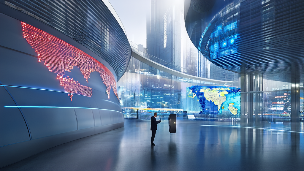 Scene of AI marketing in a futuristic city, showcasing data flow and global collaborations