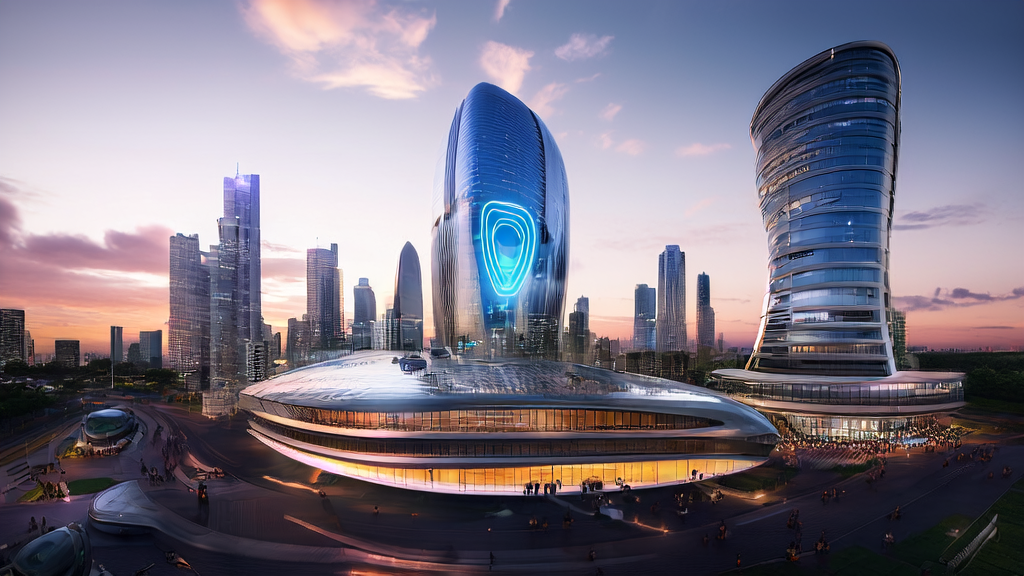 In a high-tech skyscraper in a futuristic city, entrepreneurs are discussing AI-driven customer acquisition solutions and the impact of GPT-5.