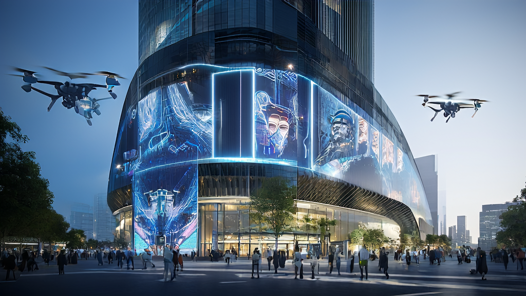 未来城市的高科技办公楼和机器人展示AI驱动的客户获取解决方案