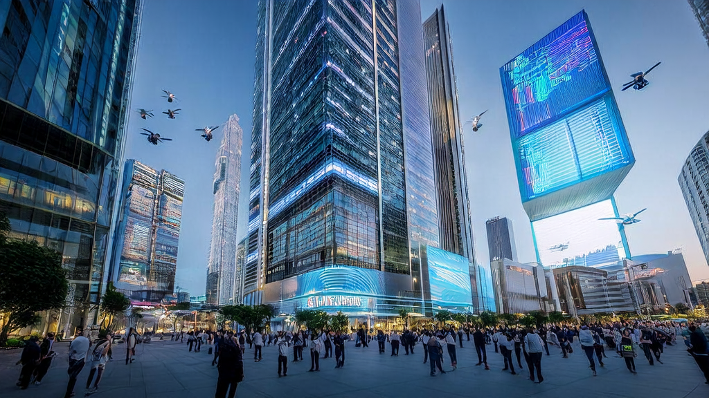 未来城市中的AI营销场景，展示大模型Step 3在个性化广告推荐和市场分析中的应用。