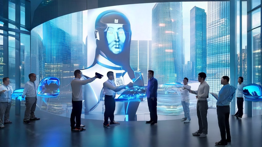 未来城市的现代化办公楼内，科技人员展示3D数字人MNN TaoAvatar作为虚拟客服和主播的应用场景。