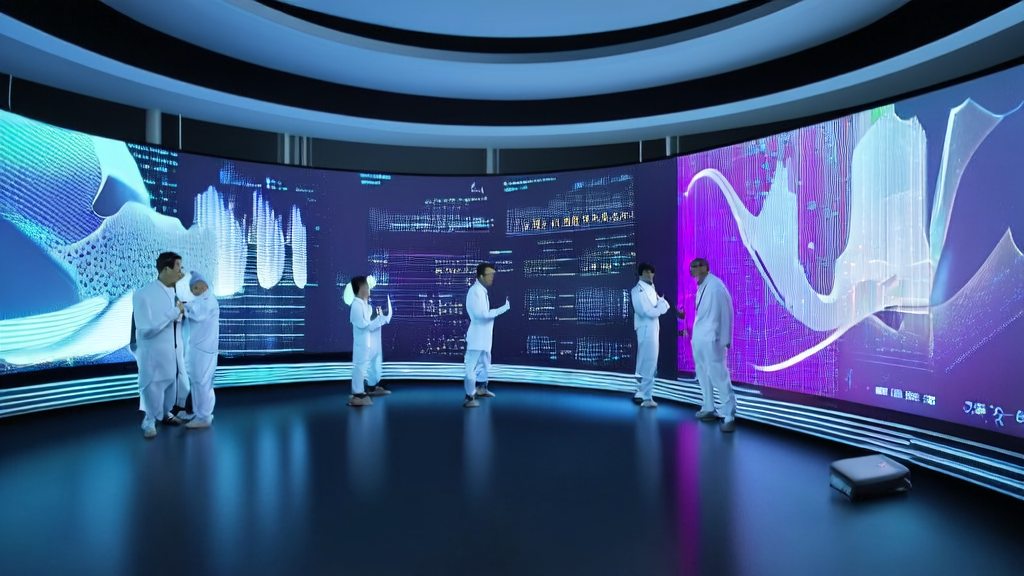 In a high-tech lab of a future city, scientists are discussing AI-driven customer acquisition solutions and using Suno v4.5+ for voice replacement.