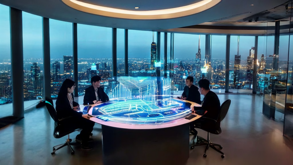 A modern office setting where a marketing team is discussing the applications of Baichuan-M2, with a backdrop of a futuristic cityscape.