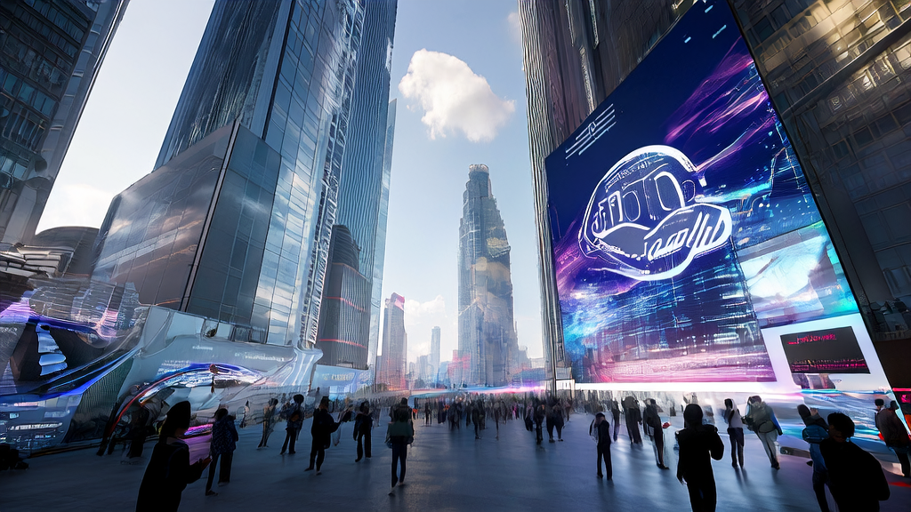 A futuristic city hosting the first large model competition, showcasing AI marketing and customer data cleaning services