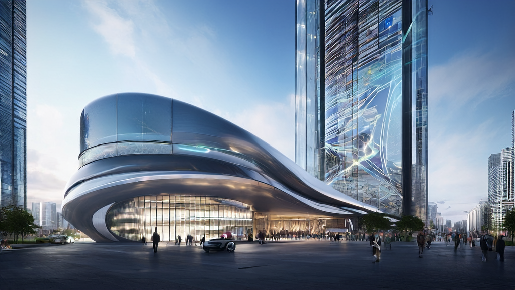 未来城市中展示AI营销技术的智能建筑和高科技元素