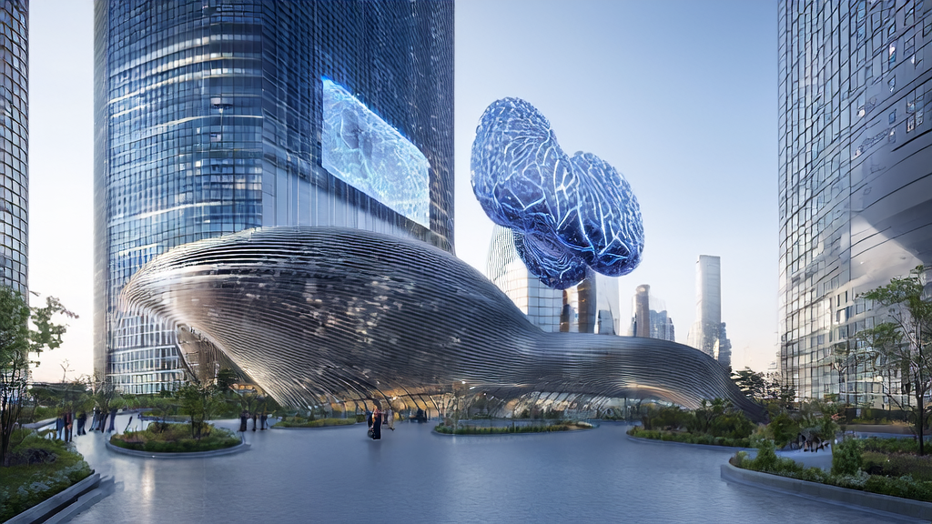 Futuristic technology hub showcasing AI marketing control center and smart devices