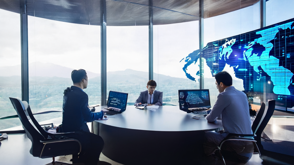 A modern office team discussing AI marketing strategies with a world map and data charts in the background