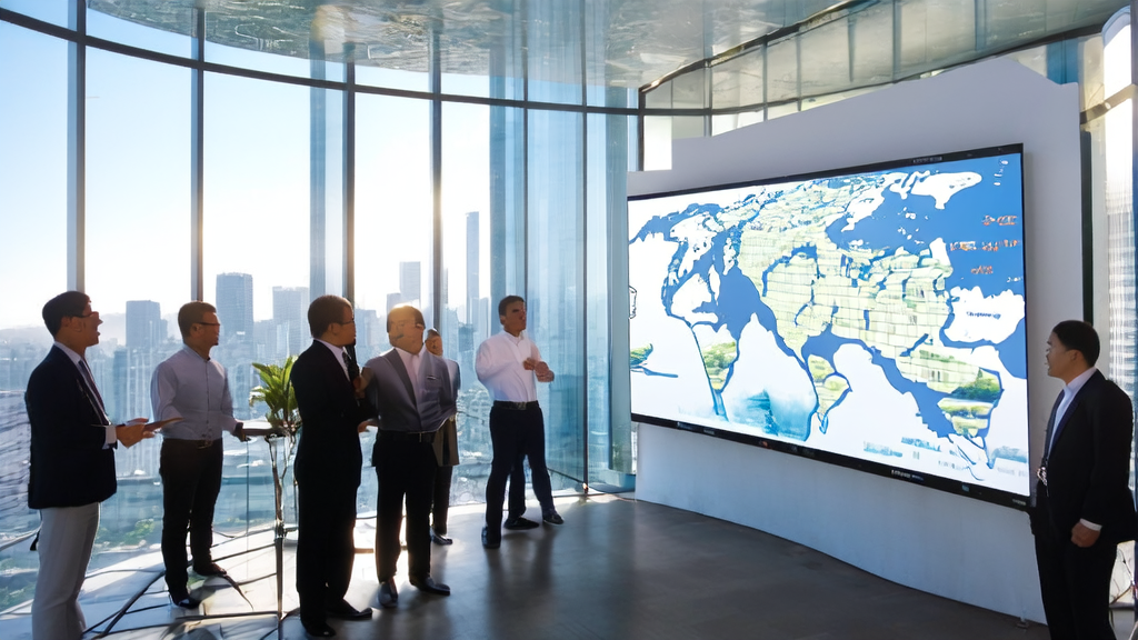 阳光下的现代化外贸企业办公室，员工们正在使用谷歌Veo3生成多语言创意视频，展示全球化布局和AI营销的应用。