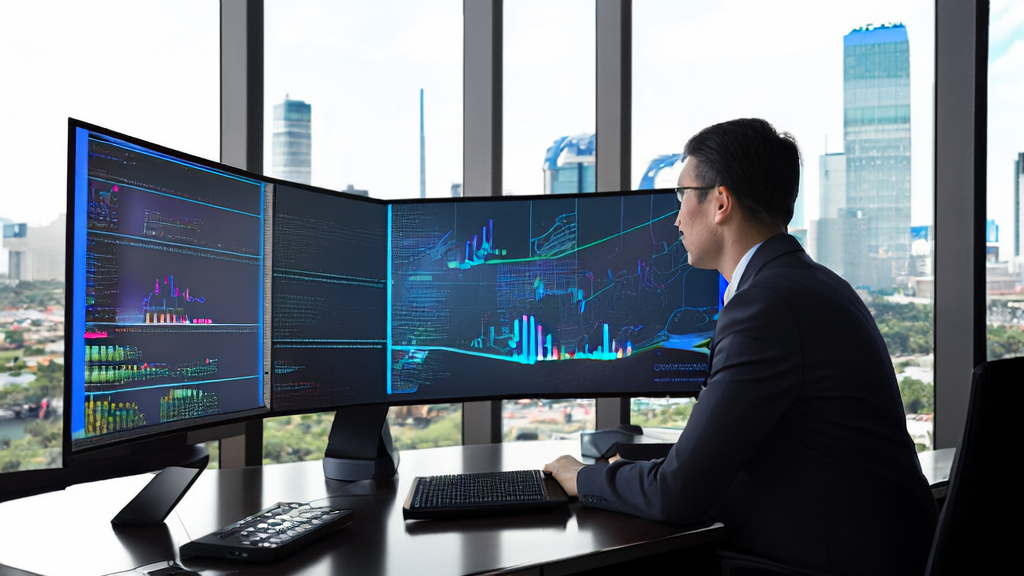 Modern office where a data analyst uses HiAgent 2.0 by Volcano Engine for customer data analysis