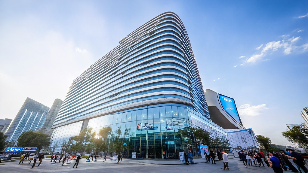 杭州市中心的现代化办公大楼前，科技工作者讨论AI营销策略，大楼玻璃幕墙反射蓝天白云，展示DeepSeek公司标志和高转化邮件策略。