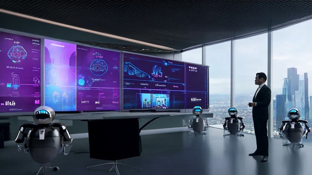 Entrepreneur discussing AI-based high-conversion email strategies with Amazon CEO in a futuristic office