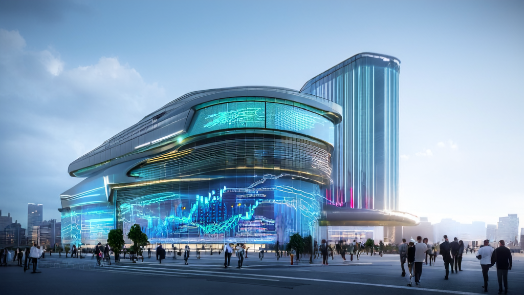 未来城市的高科技办公楼前展示基于AI的高转化邮件策略