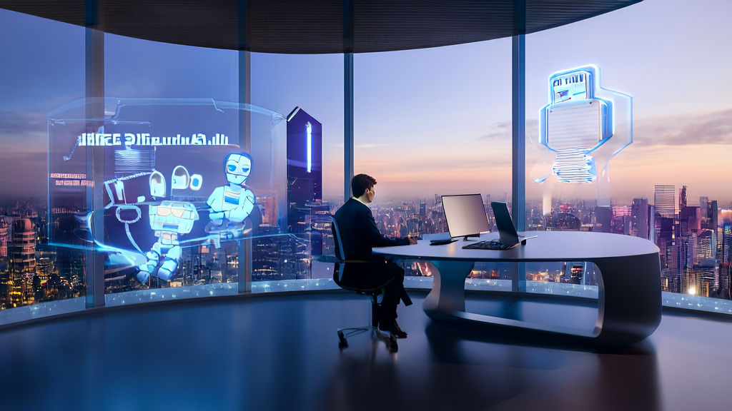 Marketing expert in a futuristic office using AI-based high conversion email strategy and interacting with an anime AI companion