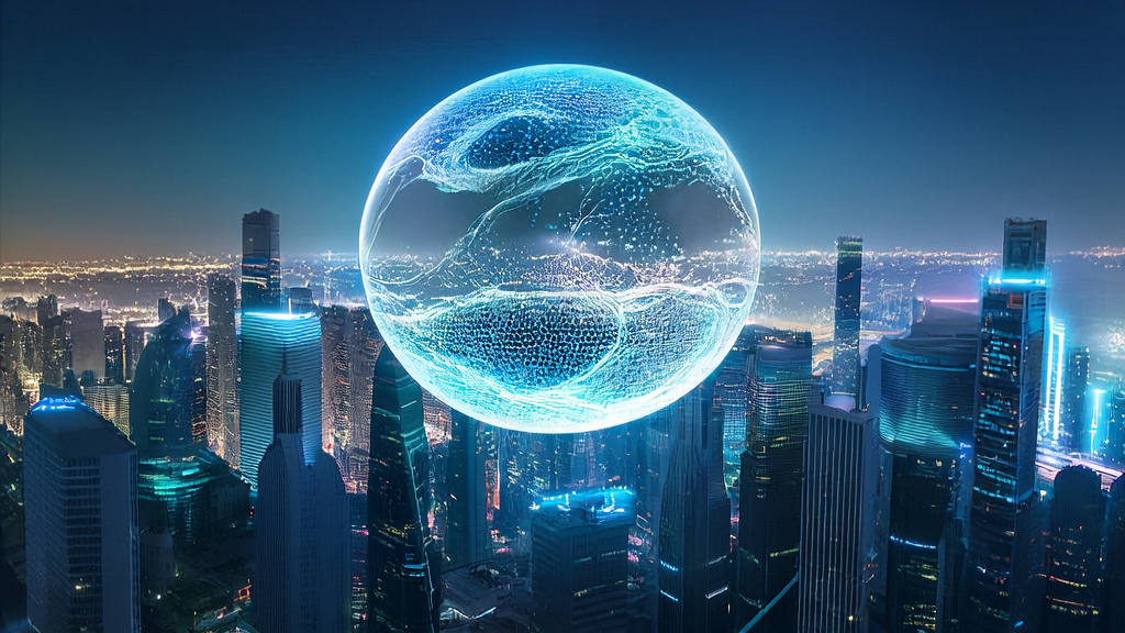 A futuristic city powered by Huawei UCM technology, showcasing AI-driven marketing solutions and the widespread use of smart devices.