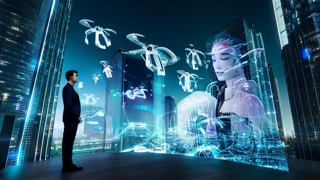 In a futuristic cityscape, a business professional uses AI technology and a smart robot to optimize B2B marketing strategies, while Higgsfield Soul ID's personalized avatars are showcased in the sky.