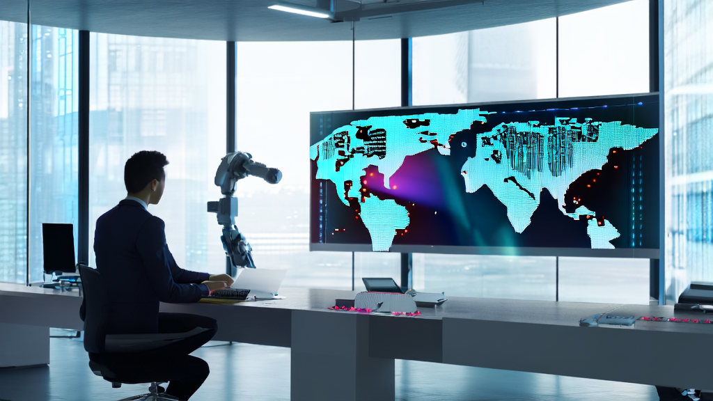 A programmer in a futuristic tech office using AI for precise customer acquisition in export enterprises