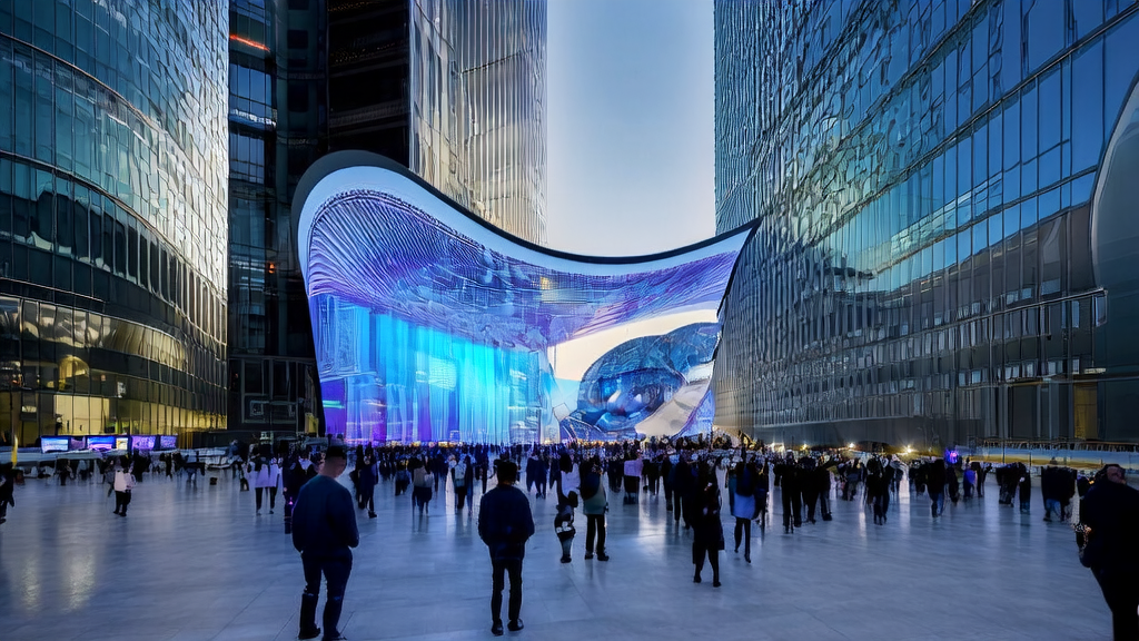 AI marketing demonstration in a futuristic city square, showcasing NVIDIA's new Cosmos-Reason1 model