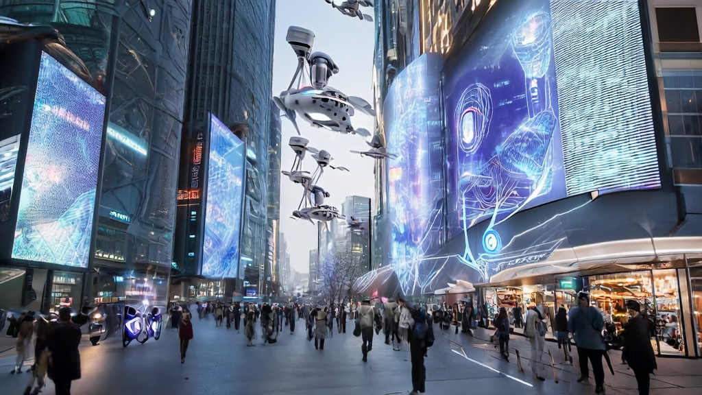 AI marketing scene in a futuristic city with robots and virtual assistants supporting e-commerce sales