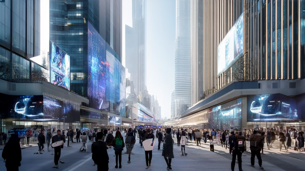 A futuristic city scene featuring AI marketing, with robots and digital billboards showcasing the latest trends