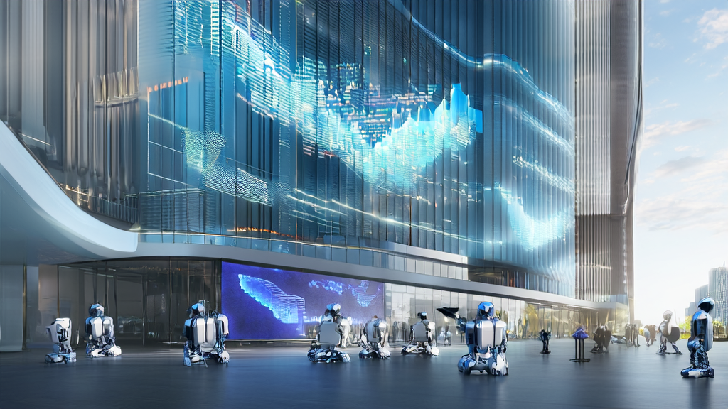 Smart robots processing AI marketing data in front of a modern office building in a futuristic city