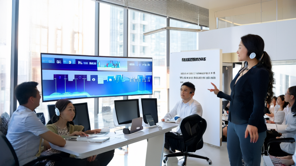 Scene of employees using AI technology for marketing in a modern office
