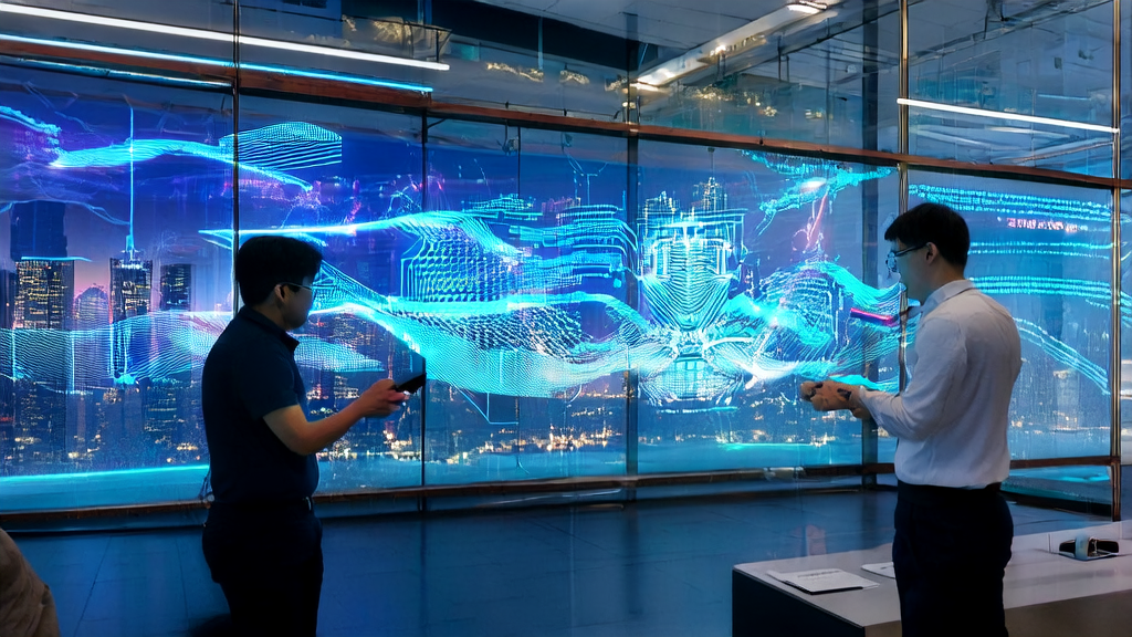Scene of AI marketing in a modern office, showcasing AI algorithms, data analysis, and interaction with virtual assistants