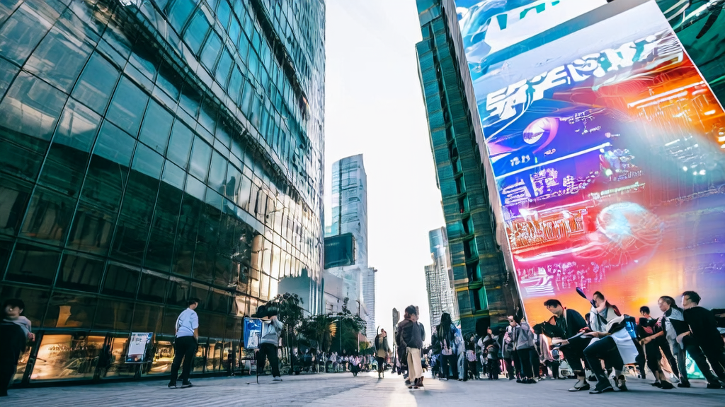 东南亚都市街头的年轻人使用智能手机展示AI营销工具