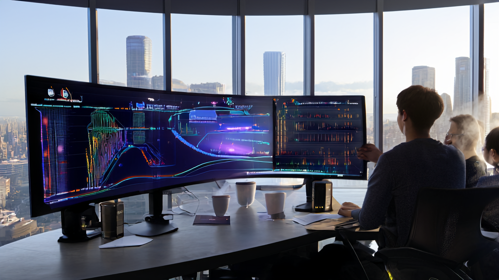 In a modern tech company office, engineers are discussing AI prediction models with a bustling city skyline outside the window