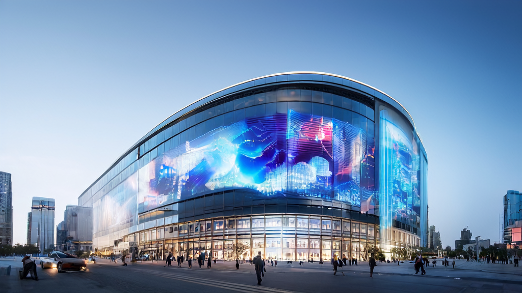 In a high-tech skyscraper in a futuristic city, entrepreneurs are using Tencent Cloud AI Builder to develop cross-border e-commerce applications, showcasing innovations in AI marketing.