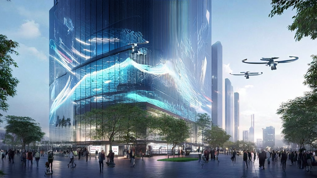 AI marketing hub in a futuristic city, showcasing dynamic PlayDiffusion technology demonstrations and personalized ad interactions