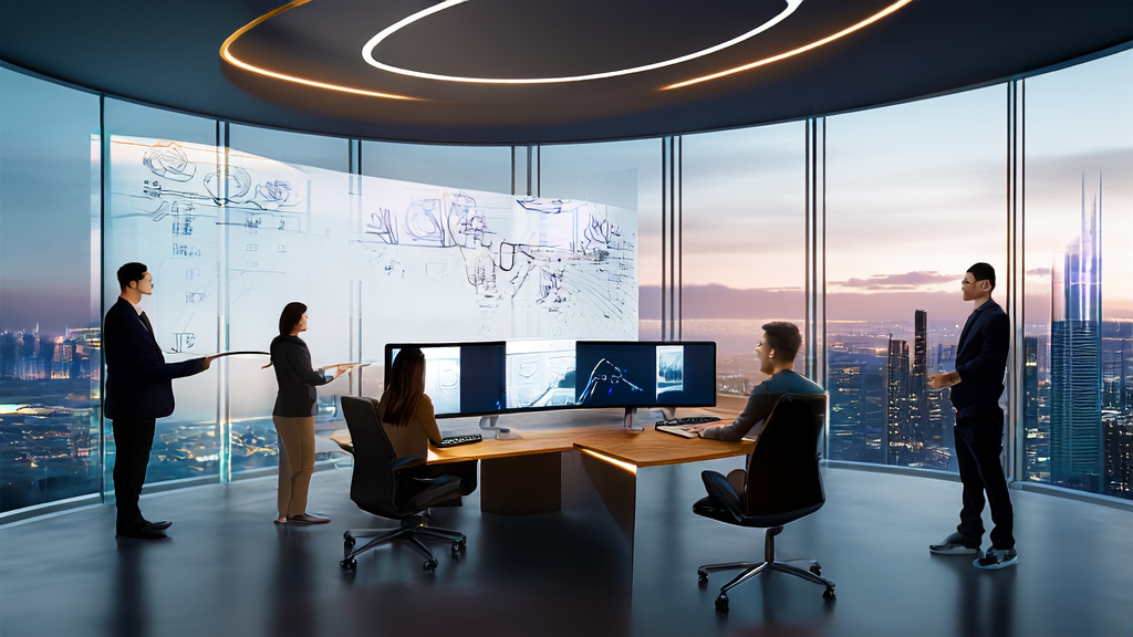 Team discussing design with Modao AI in a futuristic office setting