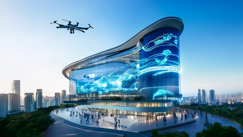 Scene of AI marketing innovation and customer acquisition solutions in a futuristic city
