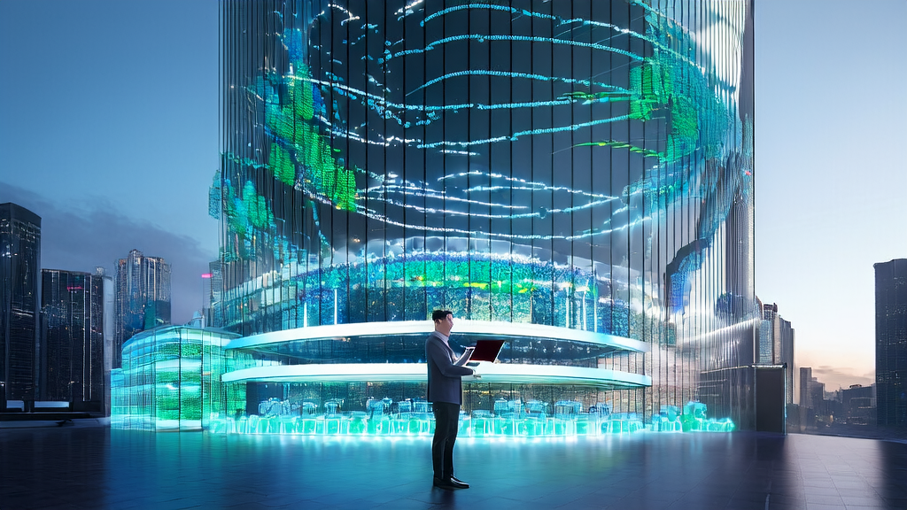 未来城市的智能营销中心，展示AI驱动的客户获取解决方案和个性化服务体验。