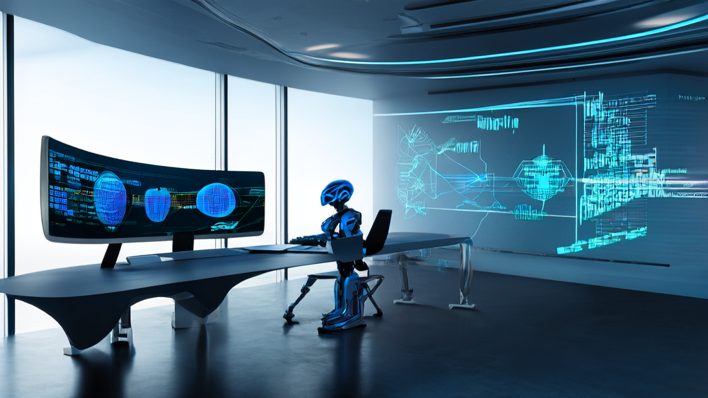 Futuristic office showcasing AI marketing technology and robotic soccer simulation training