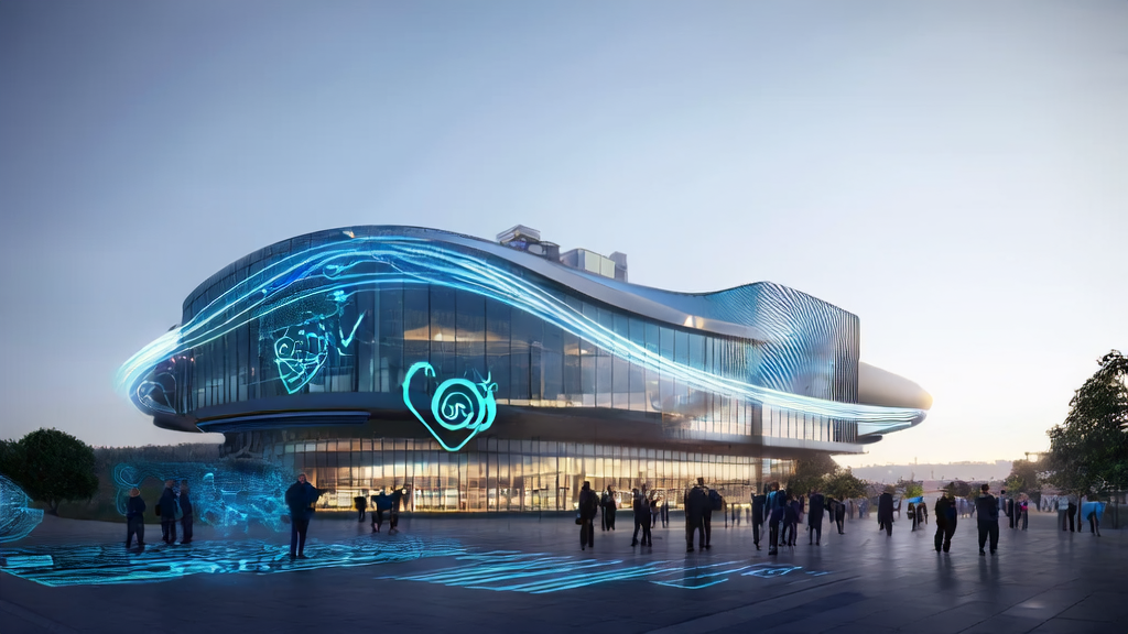 professionals interacting with AI assistants in front of Oracle's futuristic office building, discussing the latest marketing strategies